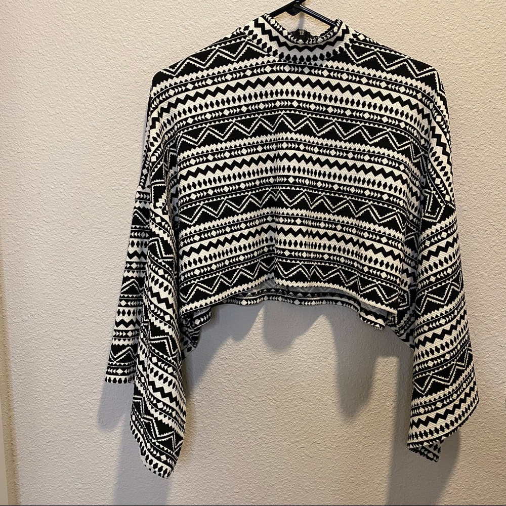 Black Aztec Tribal Print Mock Neck Crop Tee
